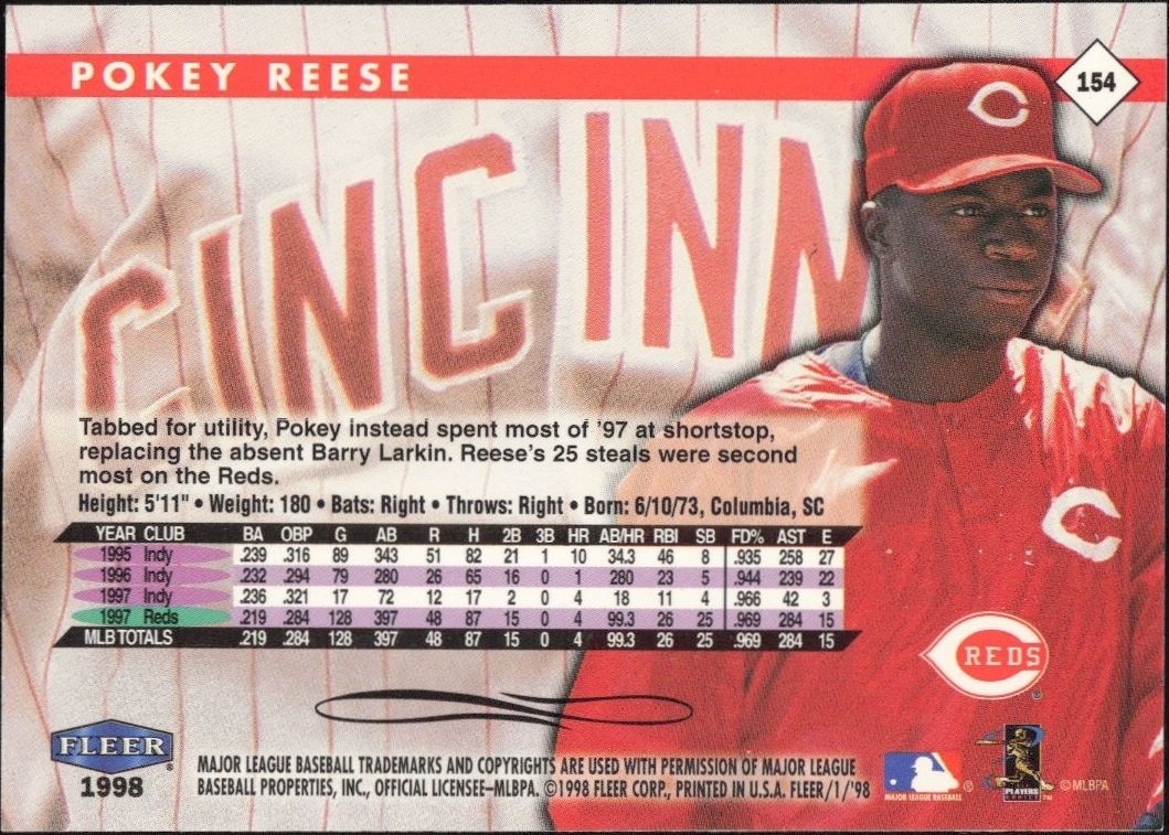 1998 Fleer Tradition Pokey Reese #154 baseball trading card back