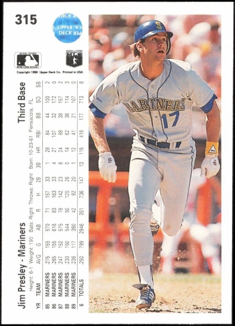 1990 Upper Deck Jim Presley #315 baseball trading card back