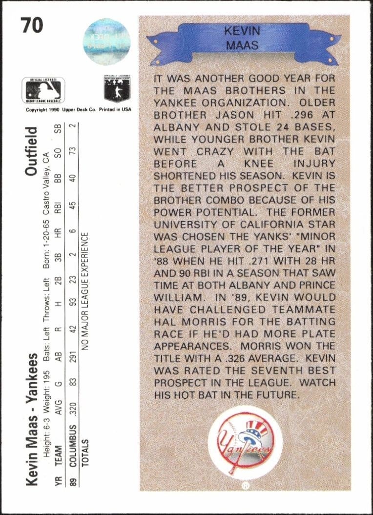 1990 Upper Deck Kevin Maas #70 baseball trading card back