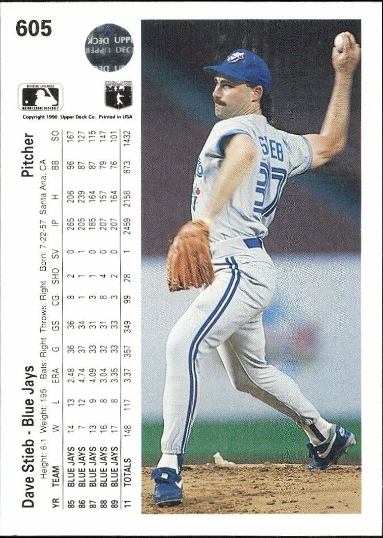 1990 Upper Deck Dave Stieb #605 baseball trading card back