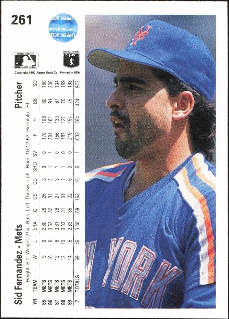 1990 Upper Deck Sid Fernandez #261 baseball trading card back