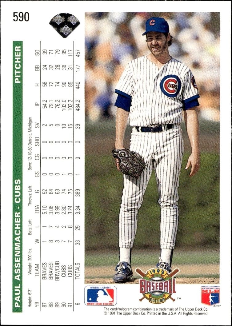 1992 Upper Deck Paul Assenmacher #590 baseball trading card back