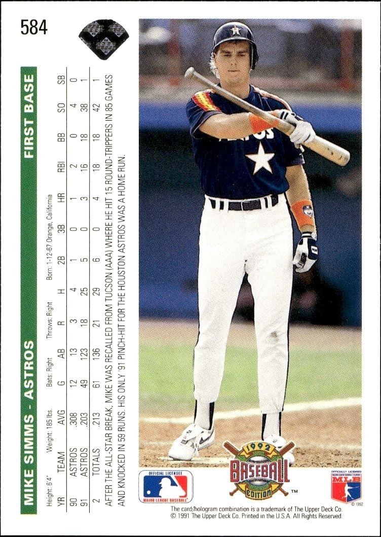 1992 Upper Deck Mike Simms #584 baseball trading card back