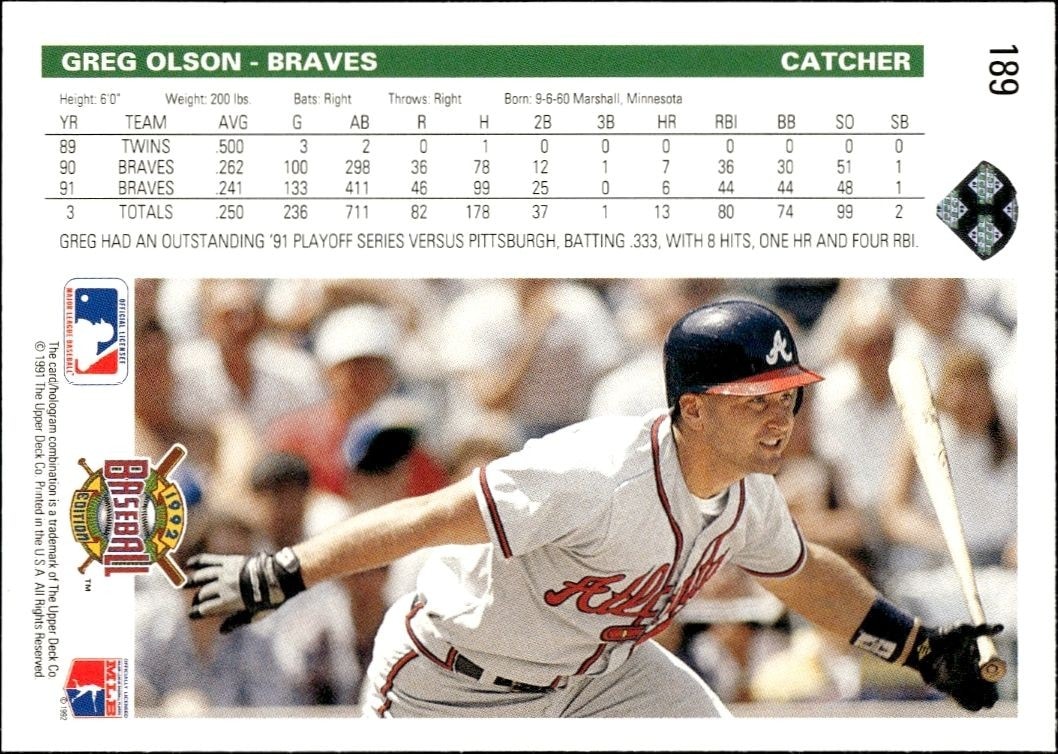 1992 Upper Deck Greg Olson #189 baseball trading card back