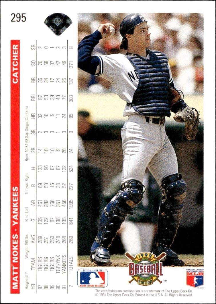 1992 Upper Deck Matt Nokes #295 baseball trading card back