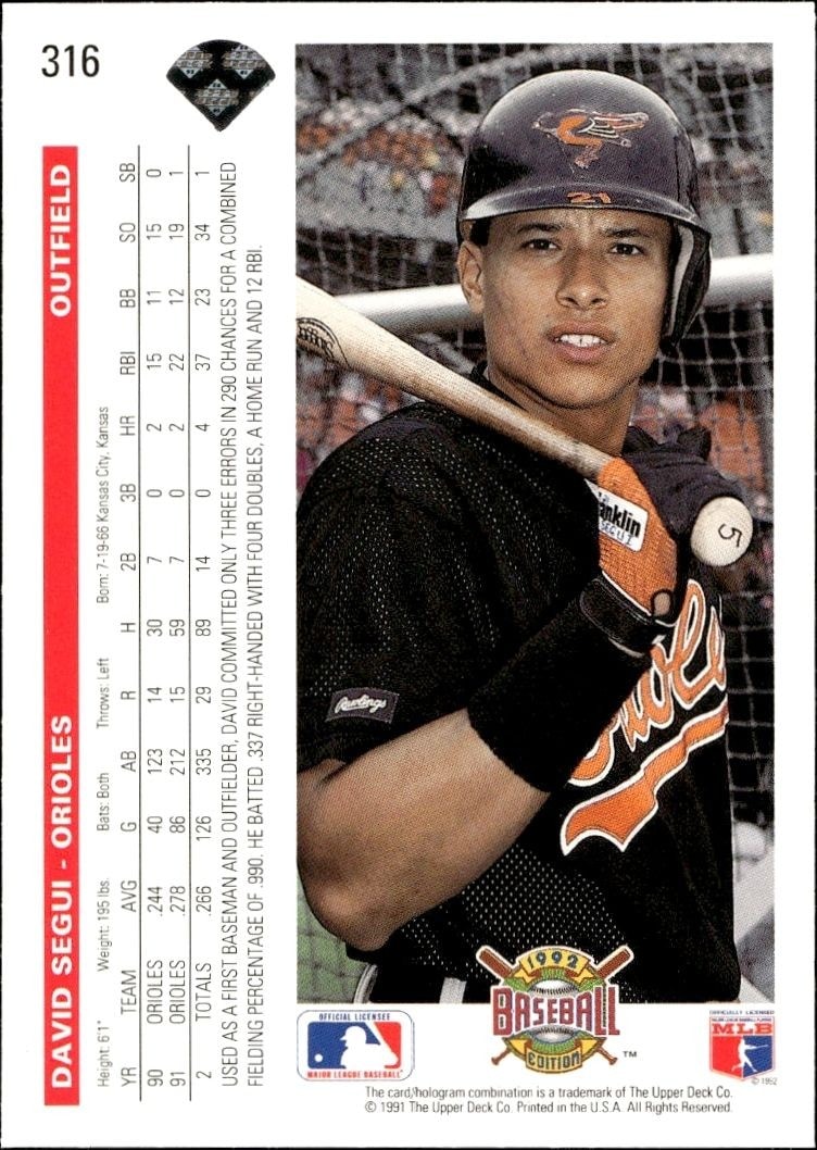 1992 Upper Deck David Segui #316 baseball trading card back