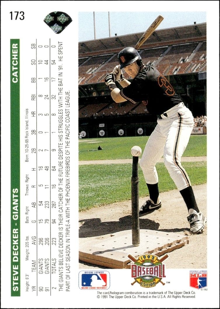 1992 Upper Deck Steve Decker #173 baseball trading card back