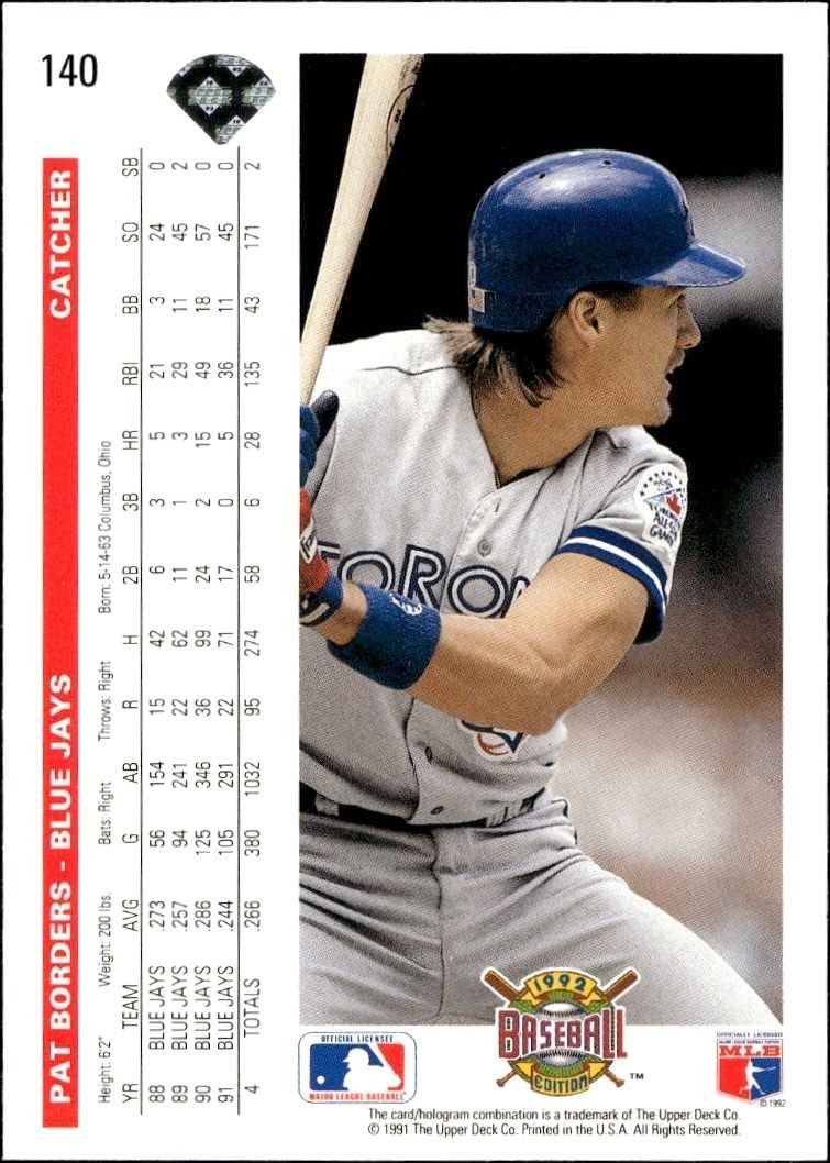 1992 Upper Deck Pat Borders #140 baseball trading card back