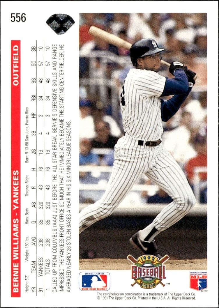 1992 Upper Deck Bernie Williams #556 baseball trading card back