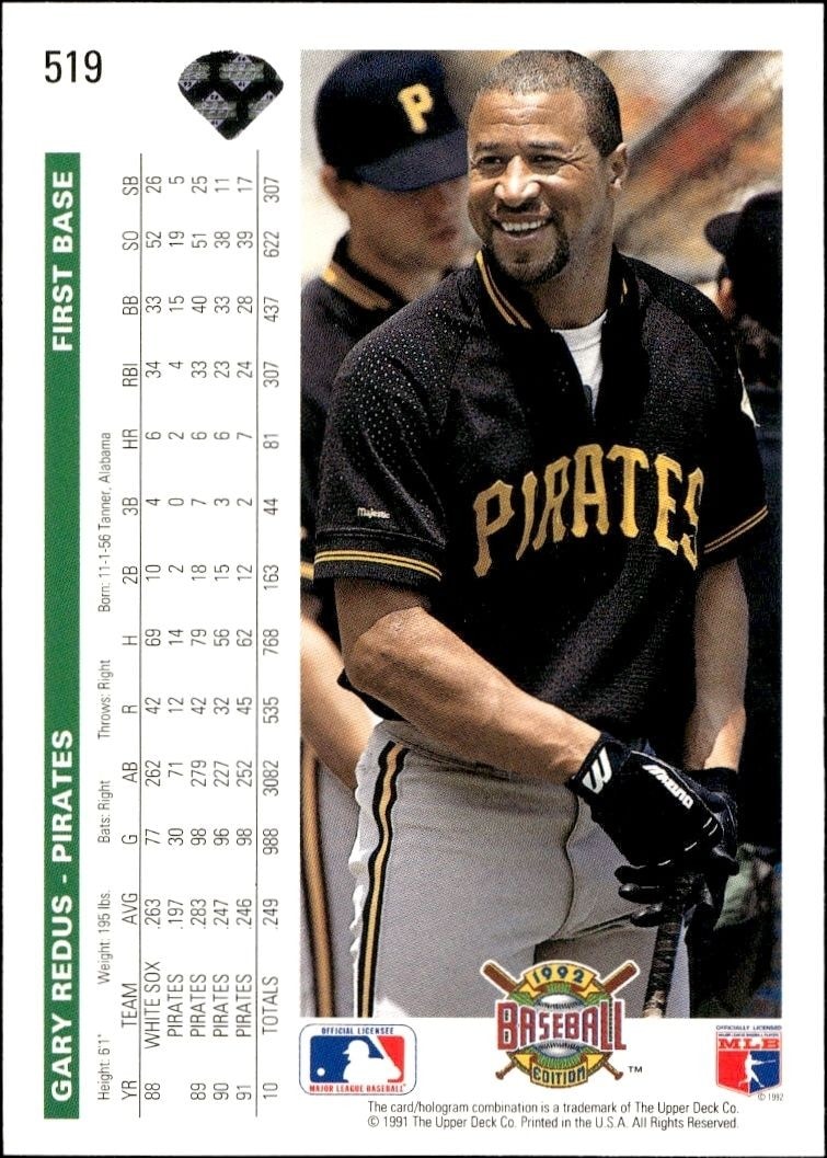 1992 Upper Deck Gary Redus #519 baseball trading card back
