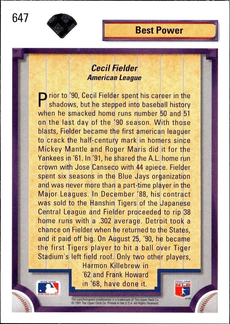 1992 Upper Deck Cecil Fielder #647 baseball trading card back
