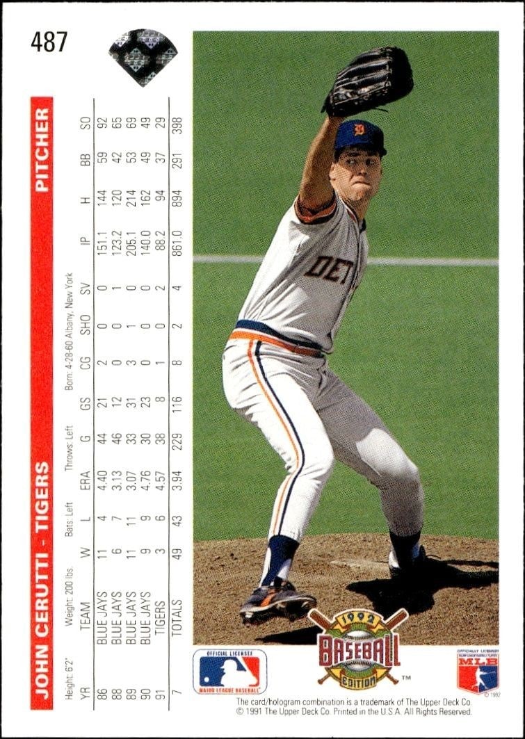 1992 Upper Deck John Cerutti #487 baseball trading card back