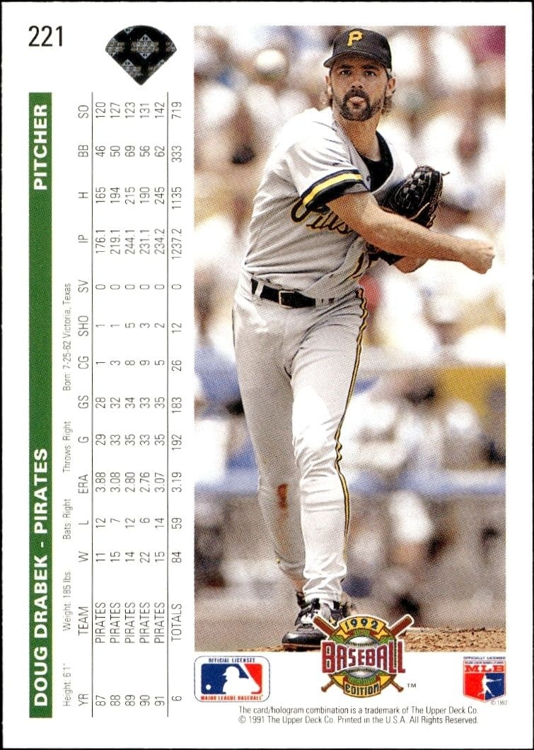 1992 Upper Deck Doug Drabek #221 baseball trading card back