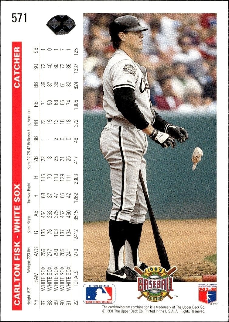 1992 Upper Deck Carlton Fisk #571 baseball trading card back