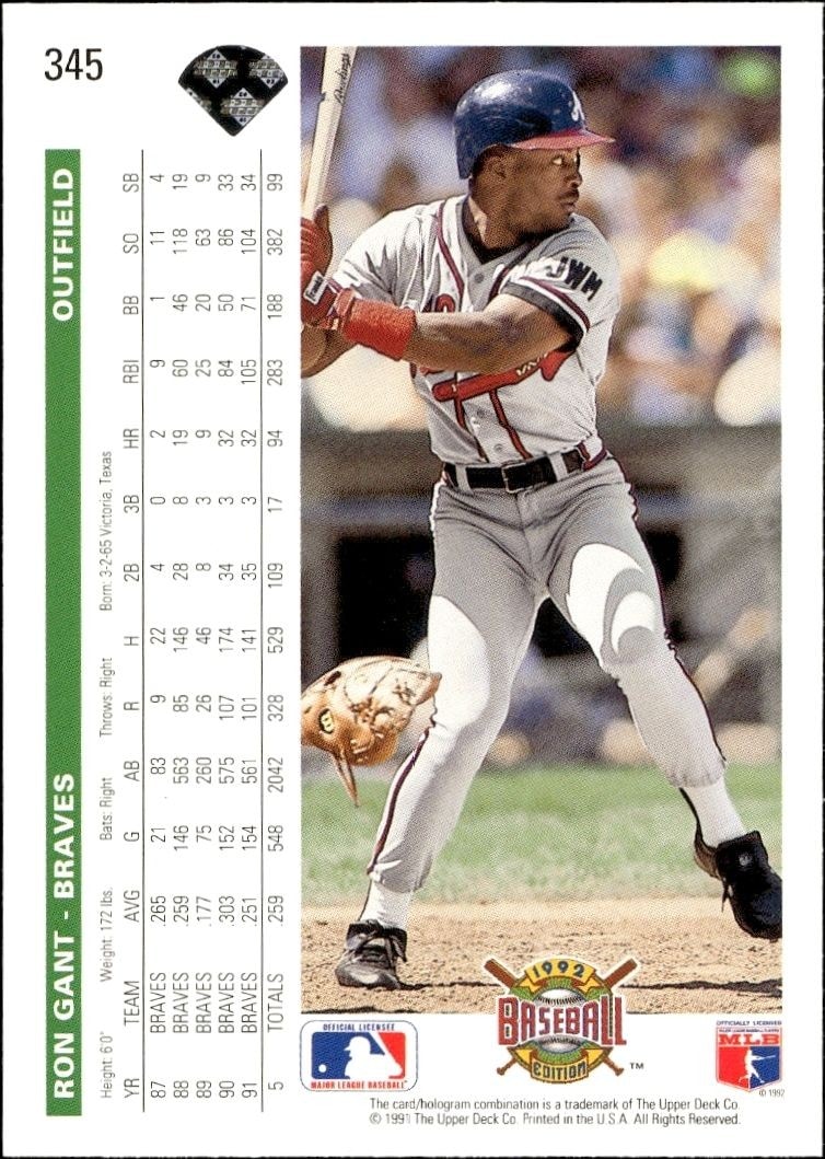 1992 Upper Deck Ron Gant #345 baseball trading card back