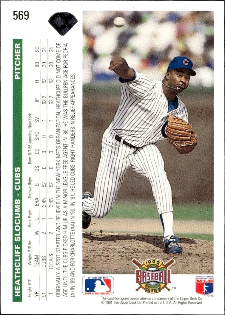 1992 Upper Deck Heathcliff Slocumb #569 baseball trading card back