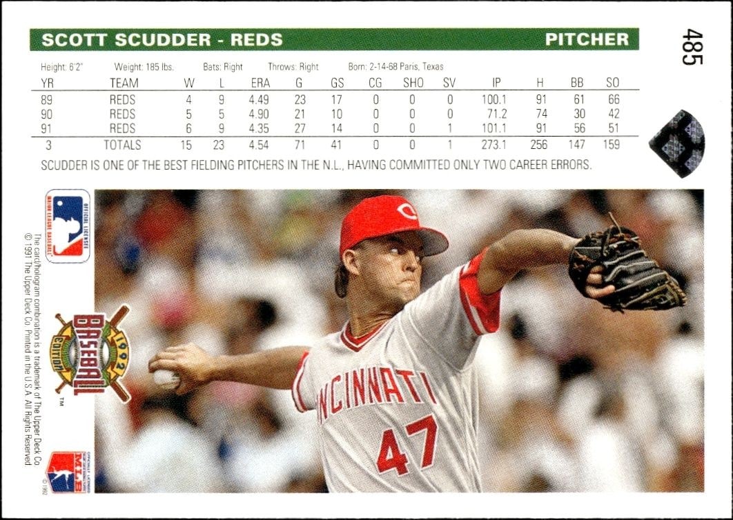 1992 Upper Deck Scott Scudder #485 baseball trading card back