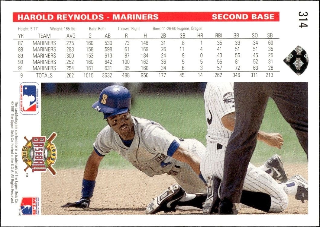 1992 Upper Deck Harold Reynolds #314 baseball trading card back