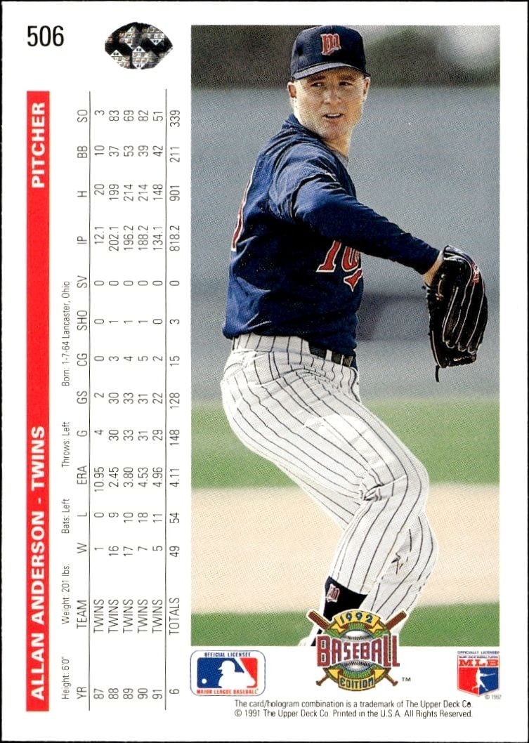 1992 Upper Deck Allan Anderson #506 baseball trading card back