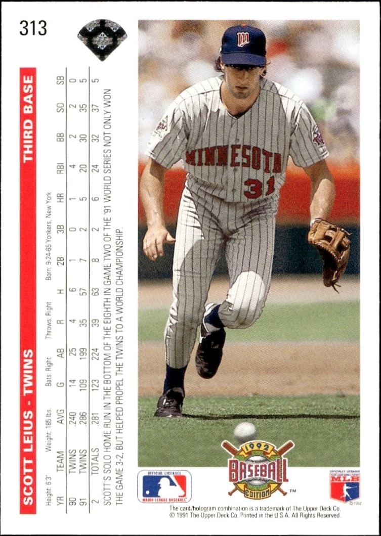 1992 Upper Deck Scott Leius #313 baseball trading card back
