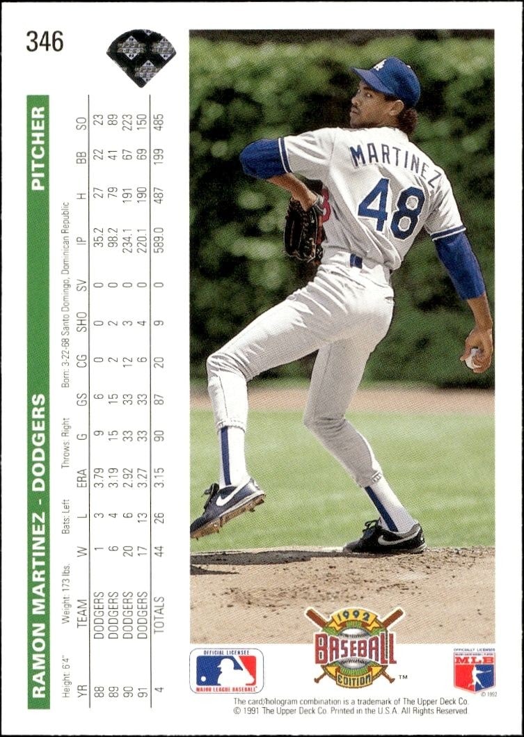 1992 Upper Deck Ramon Martinez #346 baseball trading card back