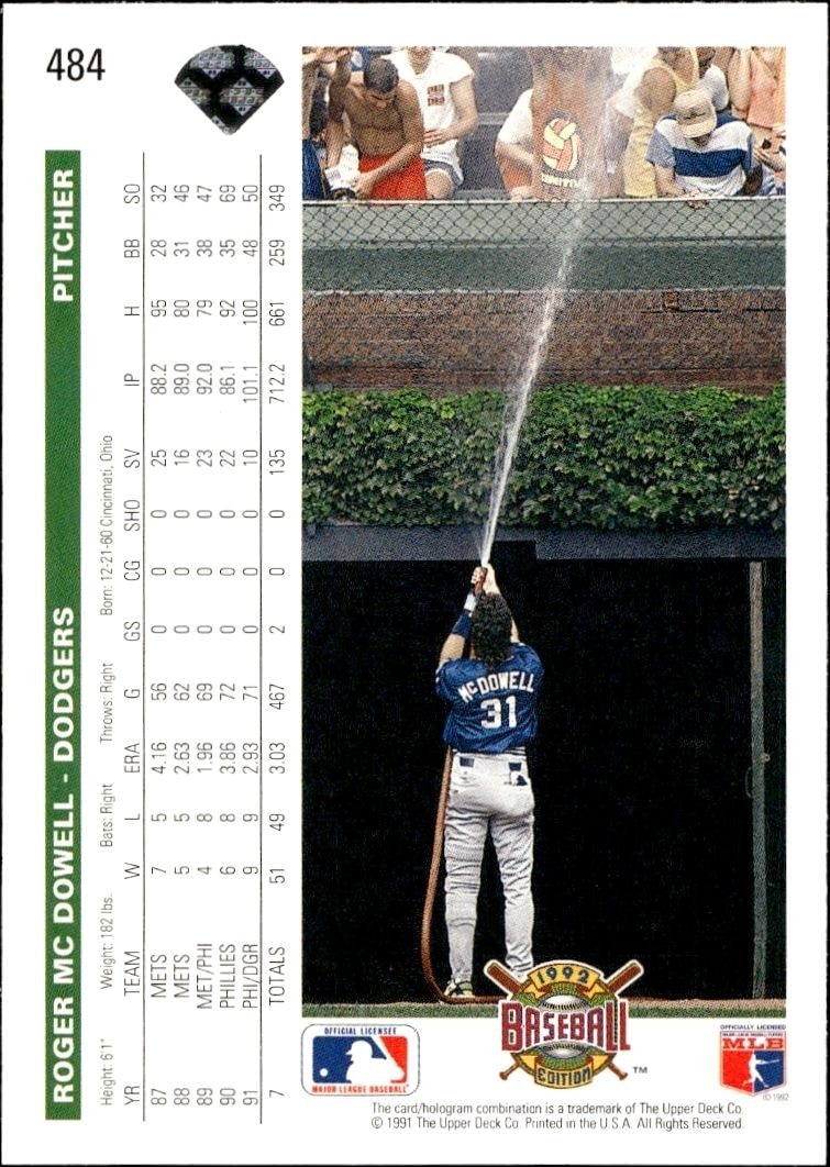 1992 Upper Deck Roger McDowell #484 baseball trading card back