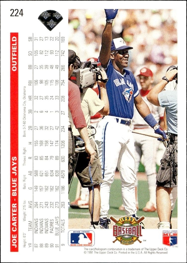 1992 Upper Deck Joe Carter #224 baseball trading card back