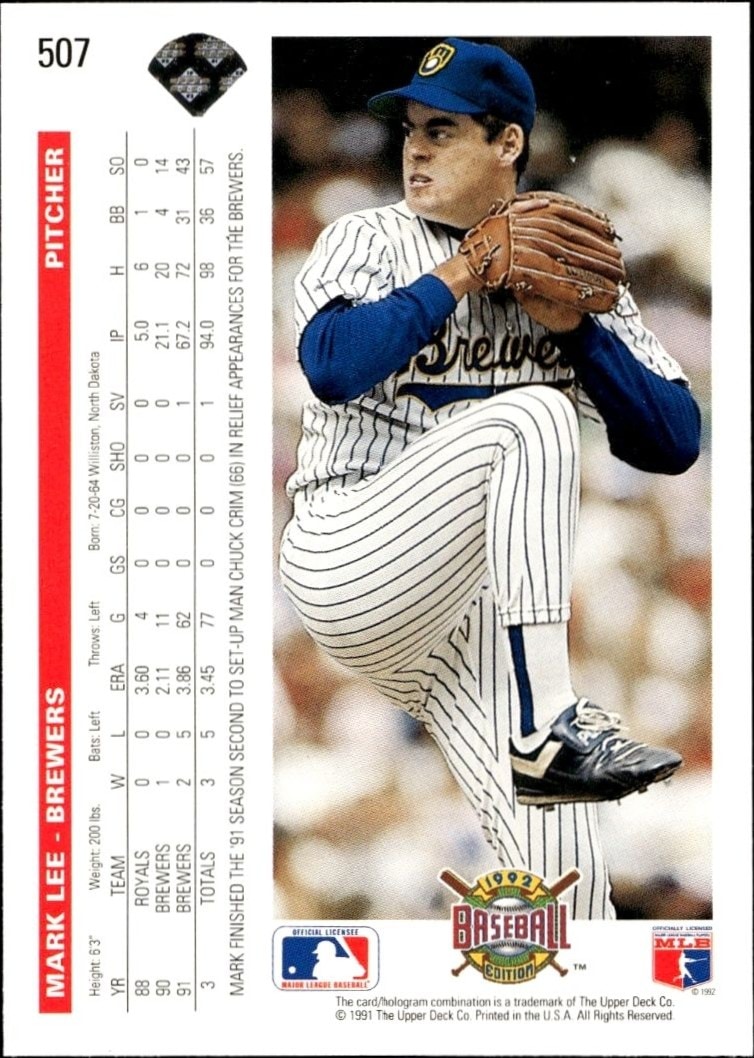 1992 Upper Deck Mark Lee #507 baseball trading card back