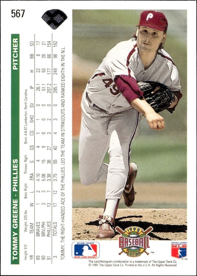 1992 Upper Deck Tommy Greene #567 baseball trading card back