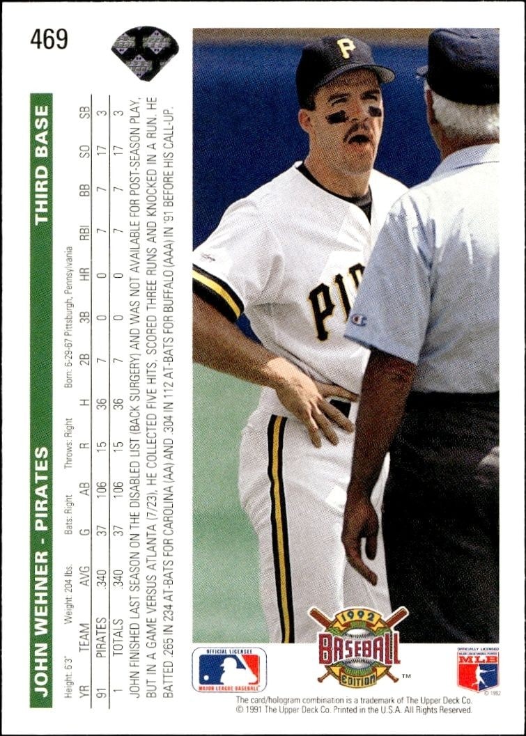 1992 Upper Deck John Wehner #469 baseball trading card back