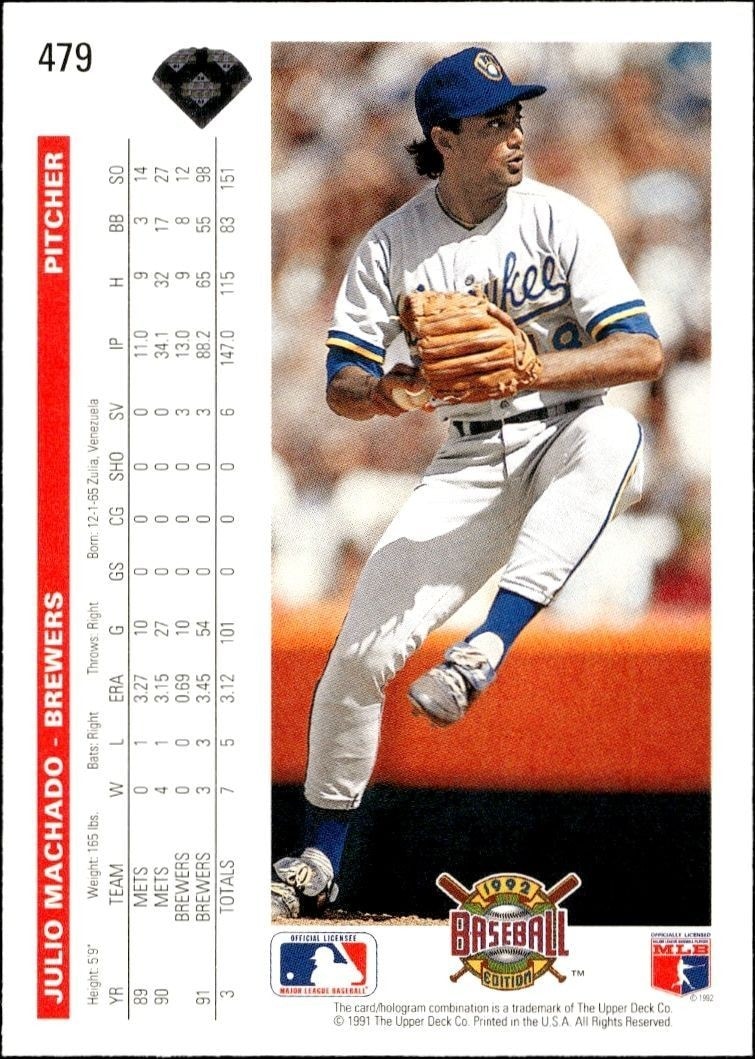 1992 Upper Deck Julio Machado #479 baseball trading card back