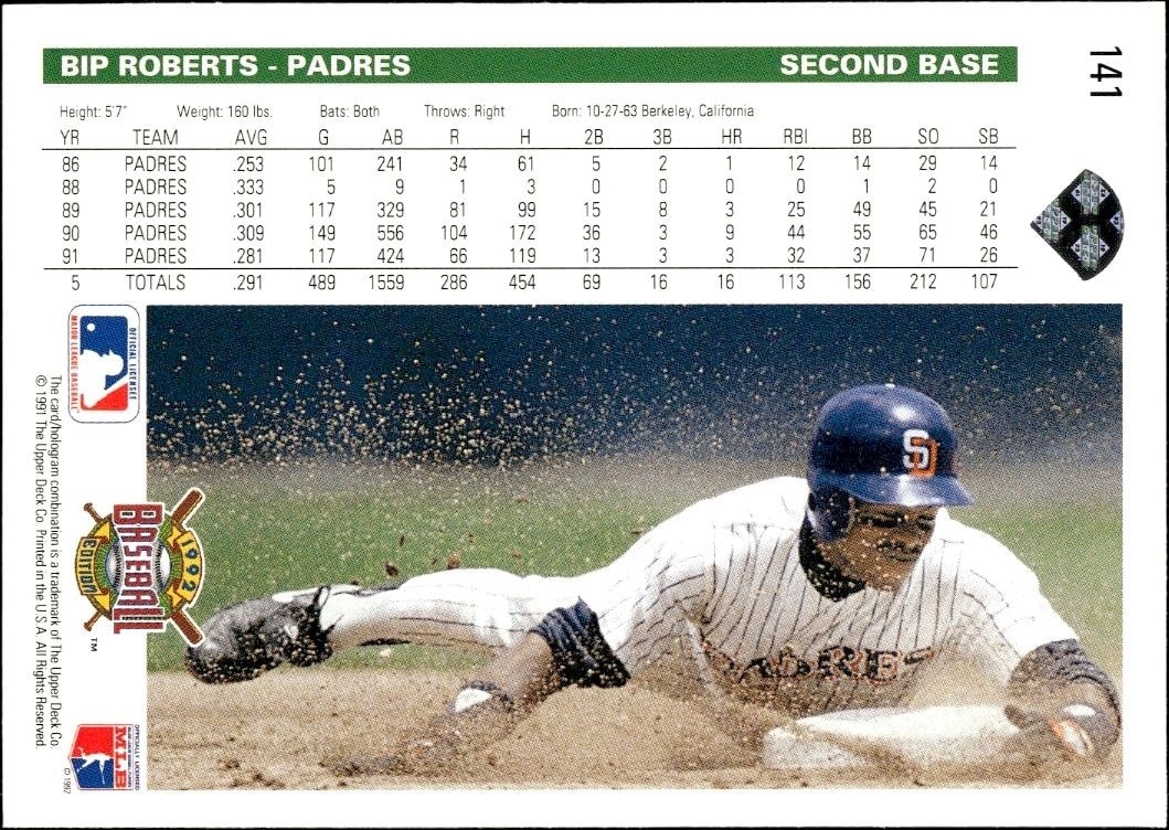 1992 Upper Deck Bip Roberts #141 baseball trading card back