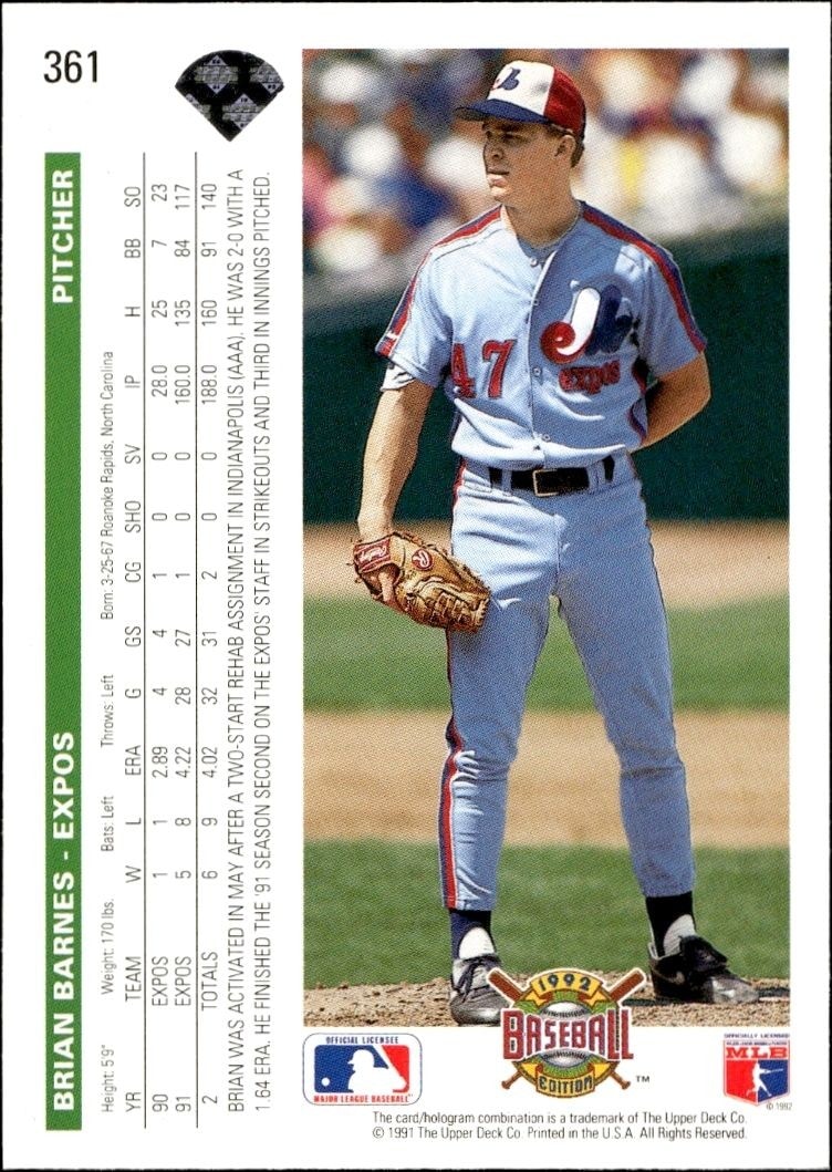 1992 Upper Deck Brian Barnes #361 baseball trading card back