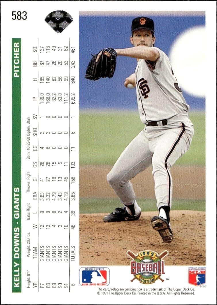1992 Upper Deck Kelly Downs #583 baseball trading card back