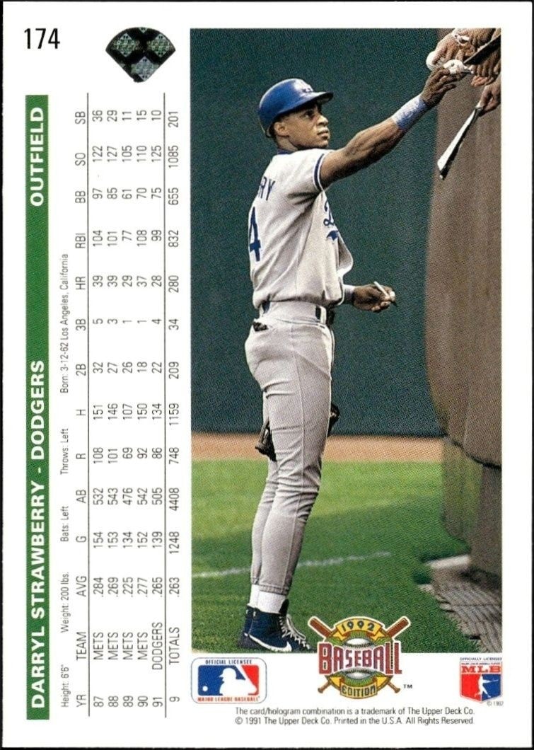 1992 Upper Deck Darryl Strawberry #174 baseball trading card back