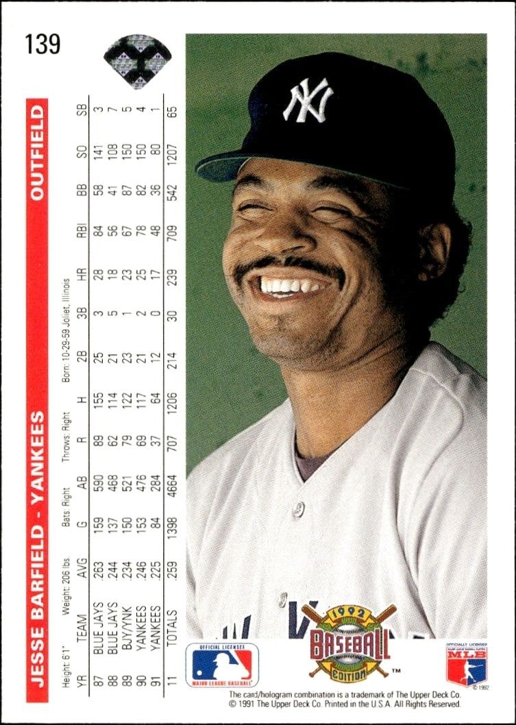1992 Upper Deck Jesse Barfield #139 baseball trading card back