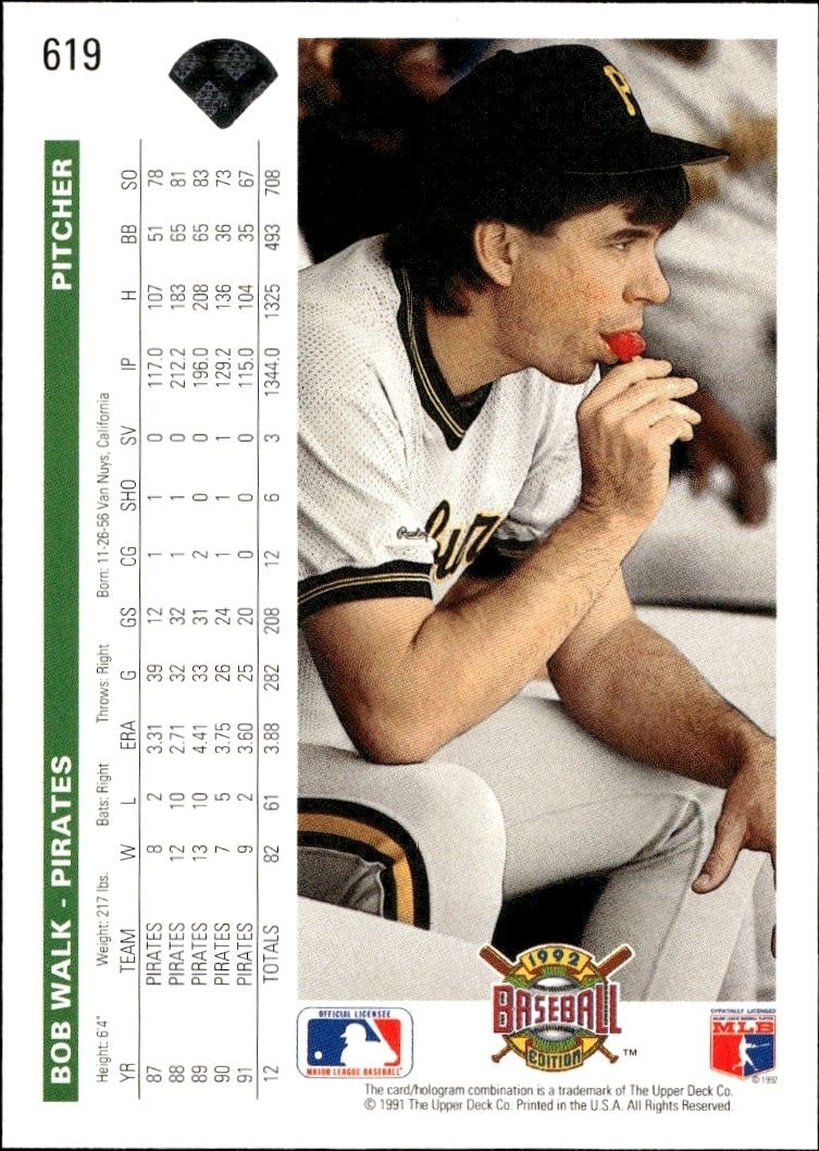 1992 Upper Deck Bob Walk #619 baseball trading card back