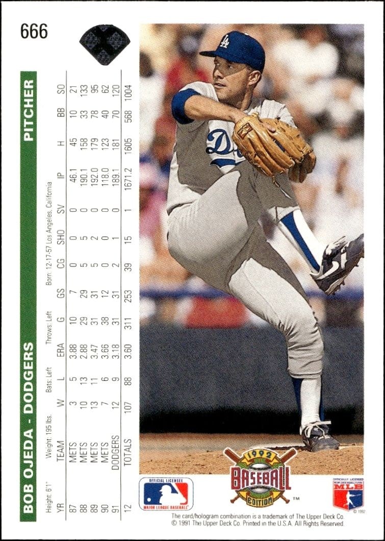 1992 Upper Deck Bob Ojeda #666 baseball trading card back