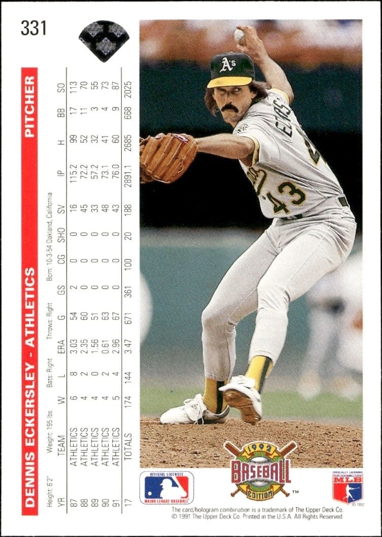 1992 Upper Deck Dennis Eckersley #331 baseball trading card back