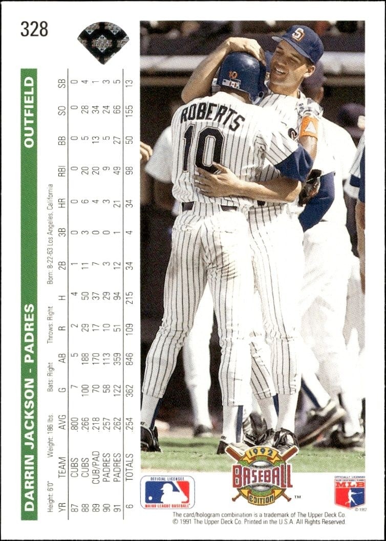 1992 Upper Deck Darrin Jackson #328 baseball trading card back