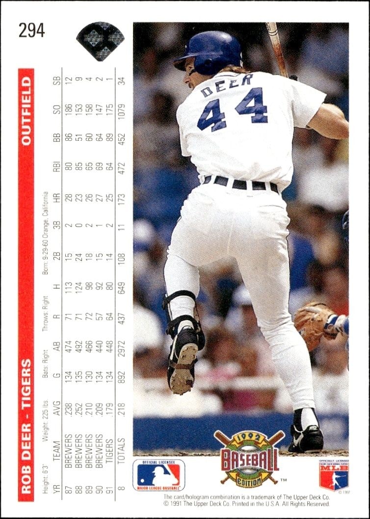 1992 Upper Deck Rob Deer #294 baseball trading card back