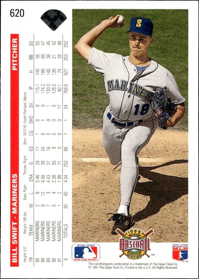 1992 Upper Deck Bill Swift #620 baseball trading card back