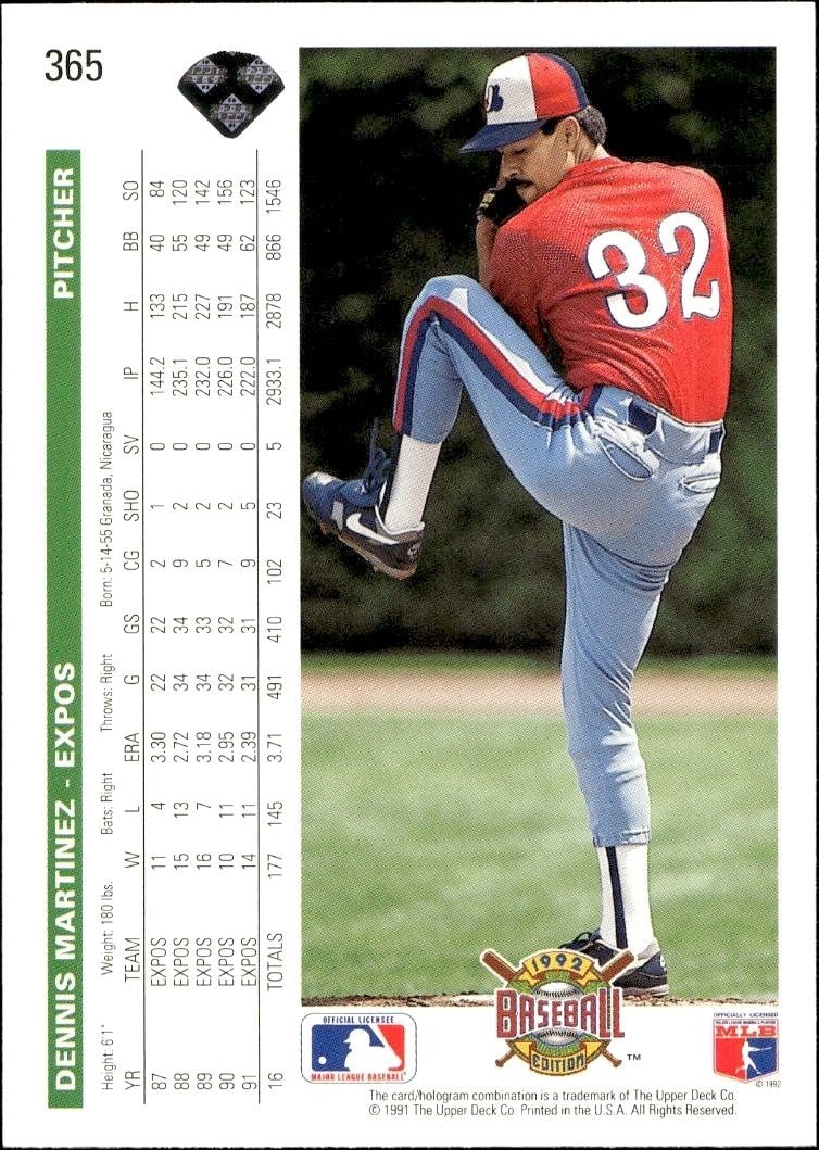 1992 Upper Deck Dennis Martinez #365 baseball trading card back