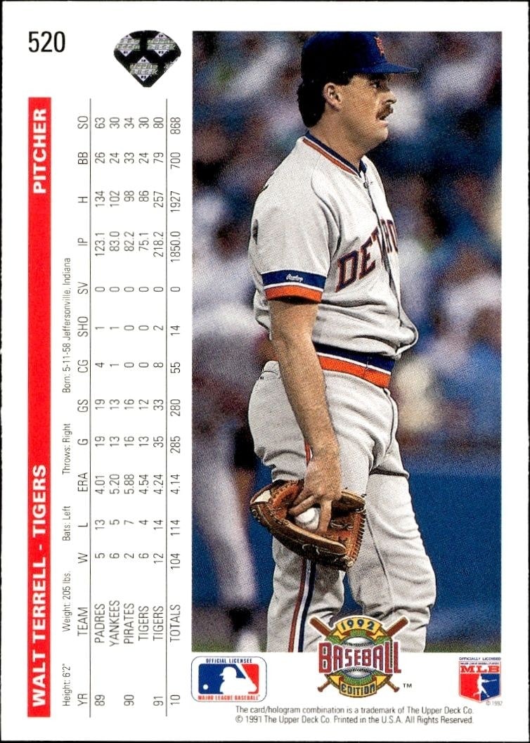 1992 Upper Deck Walt Terrell #520 baseball trading card back