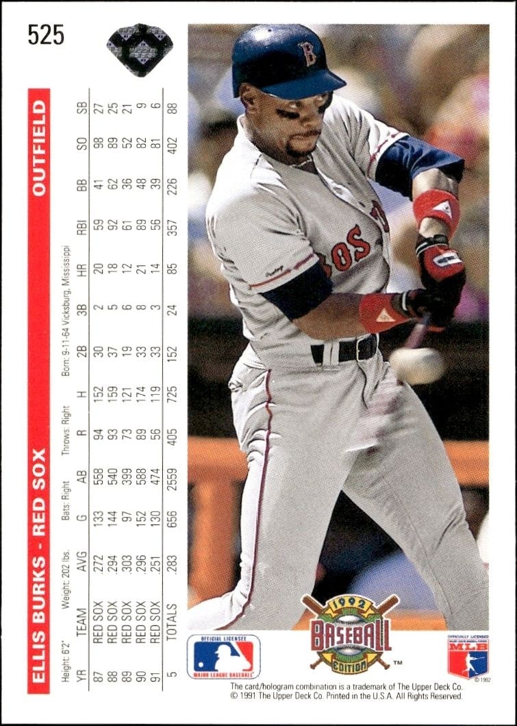 1992 Upper Deck Ellis Burks #525 baseball trading card back