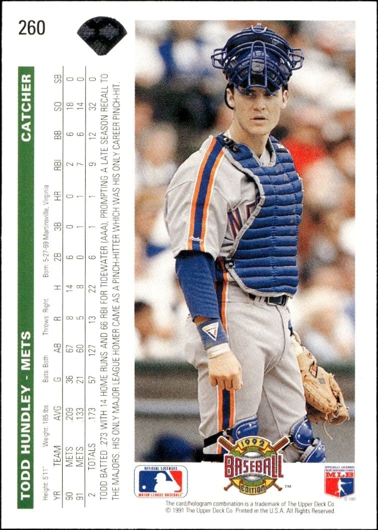 1992 Upper Deck Todd Hundley #260 baseball trading card back