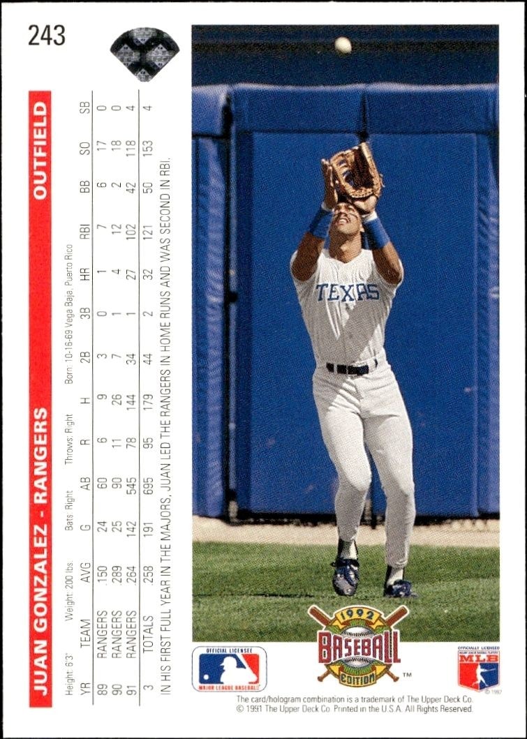 1992 Upper Deck Juan Gonzalez #243 baseball trading card back