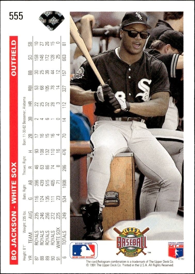 1992 Upper Deck Bo Jackson #555 baseball trading card back