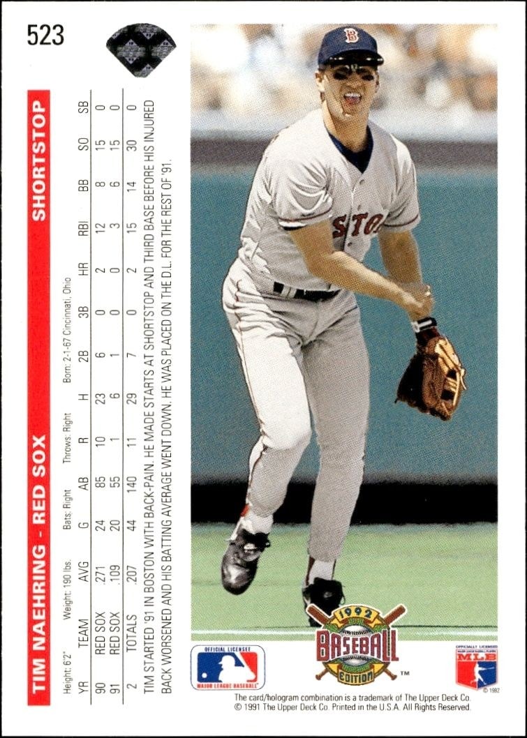 1992 Upper Deck Tim Naehring #523 baseball trading card back
