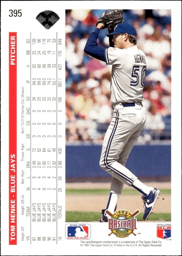 1992 Upper Deck Tom Henke #395 baseball trading card back